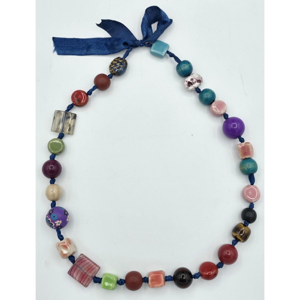 VINTAGE Chunky Multicolored 27-Beaded Adjustable Necklace Strung On Blue Ribbon - Picture 9 of 10
